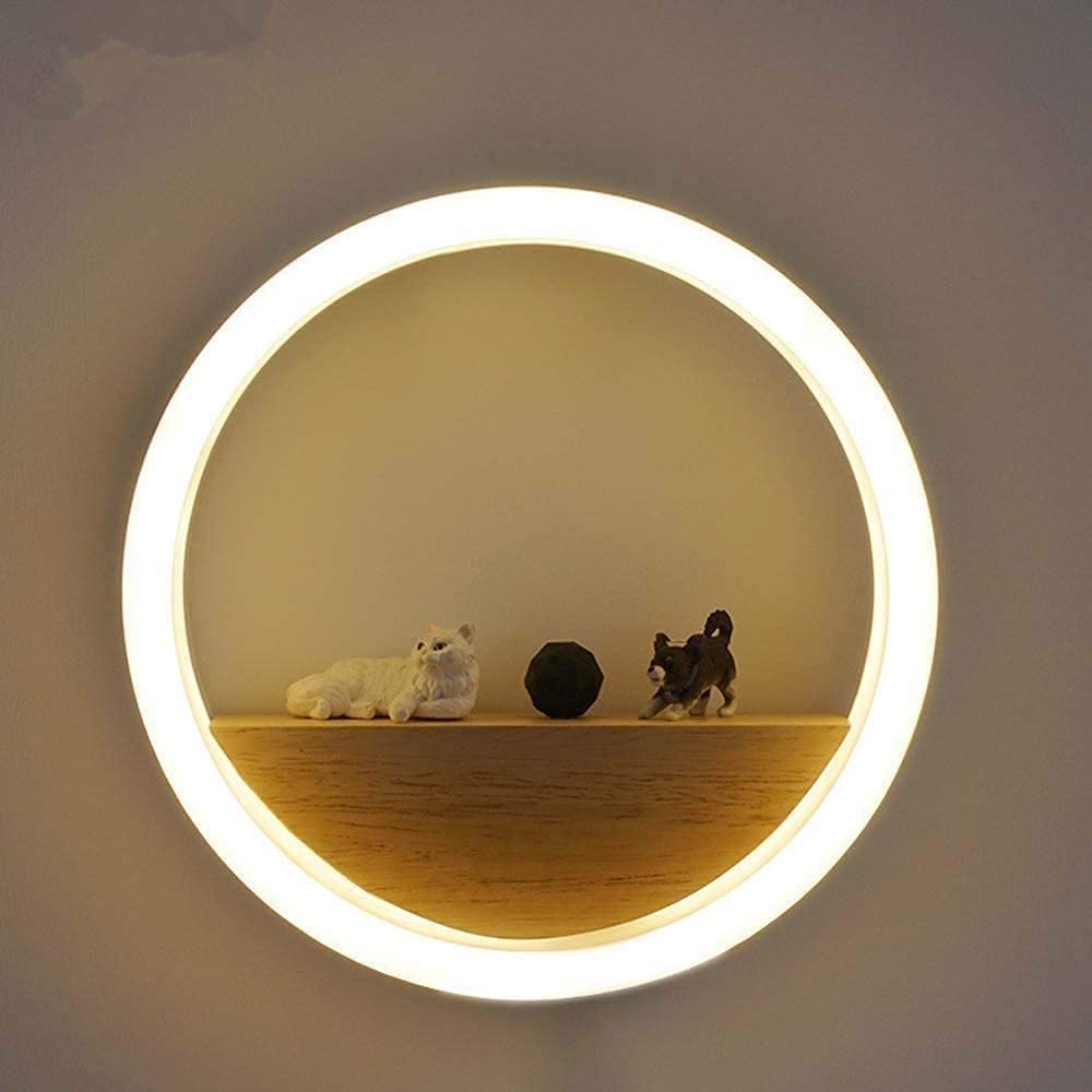 SYAXVOM Wall Lamp Wood Acrylic Sconce Light Round Led Night 12W Warm White Bedside for Bedroom Living Room Aisle Corridor Tv Background