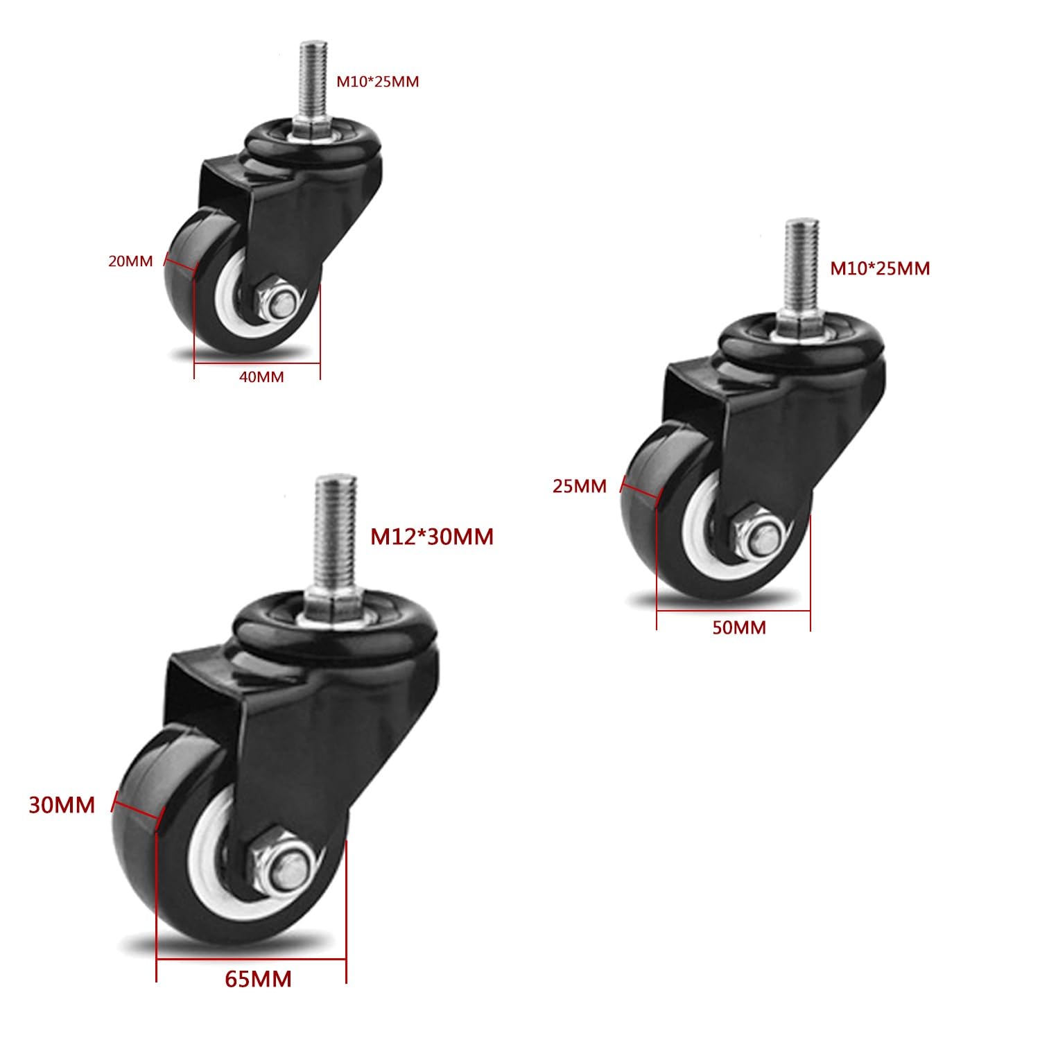 4 Pièces 40mm roulettes Pivotantes Silencieuses avec Frein, M10/12 roulettes Filetées Capacité de Charge 120kg, Roues en PU for Meubles(2swivel+2with Brake,50mm)