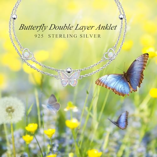 Image of Flyow Anklet for Women S925 Sterling Silver Adjustable Foot Beaded Heart Charm Ankle Bracelet Anklets Jewelry