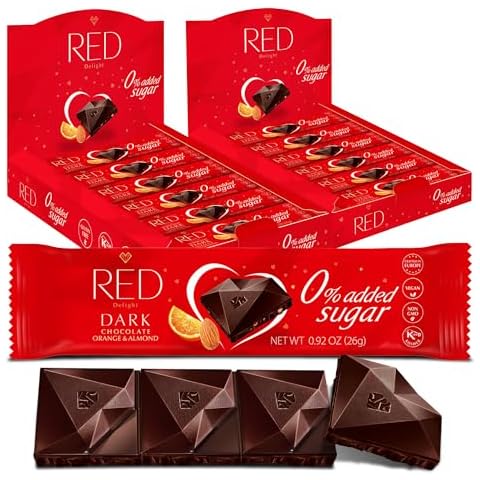 Red Delight Orange and Almond Dark Chocolate Bars 0.92 oz, Pack of 24 Travel Size Keto Chocolate Bars - Low Carb, Kosher & No Added Sugar, Gluten - Free - Smooth & Creamy European-Made Vegan Chocolate Cover