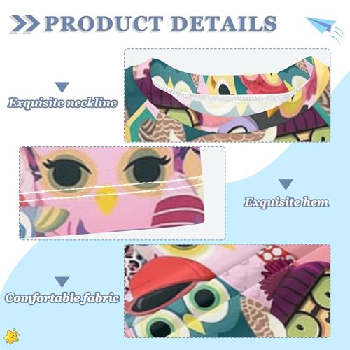 Colorful Pattern with Cute Cartoon Owls Girls Bathing Suit Short Sleeves Active Shirts Swimwear Beach Tops 3T3