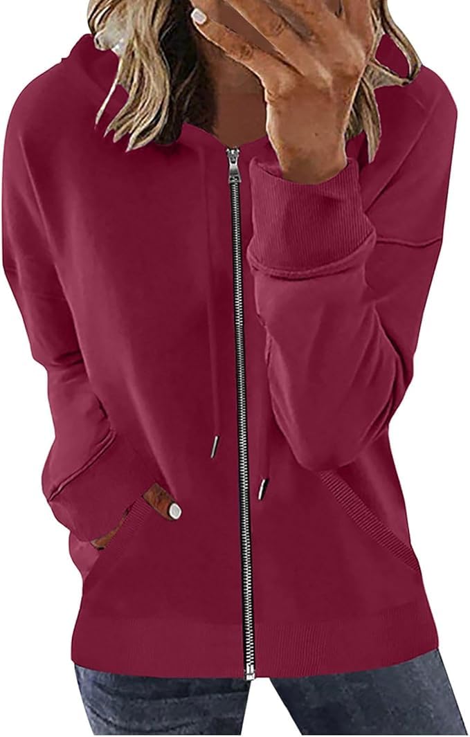 Womens Long Sleeve Open Front Zip Up Hoodies Drawstring Cardigan Hooded Sweatshirt Fashion Sweaters with Pockets