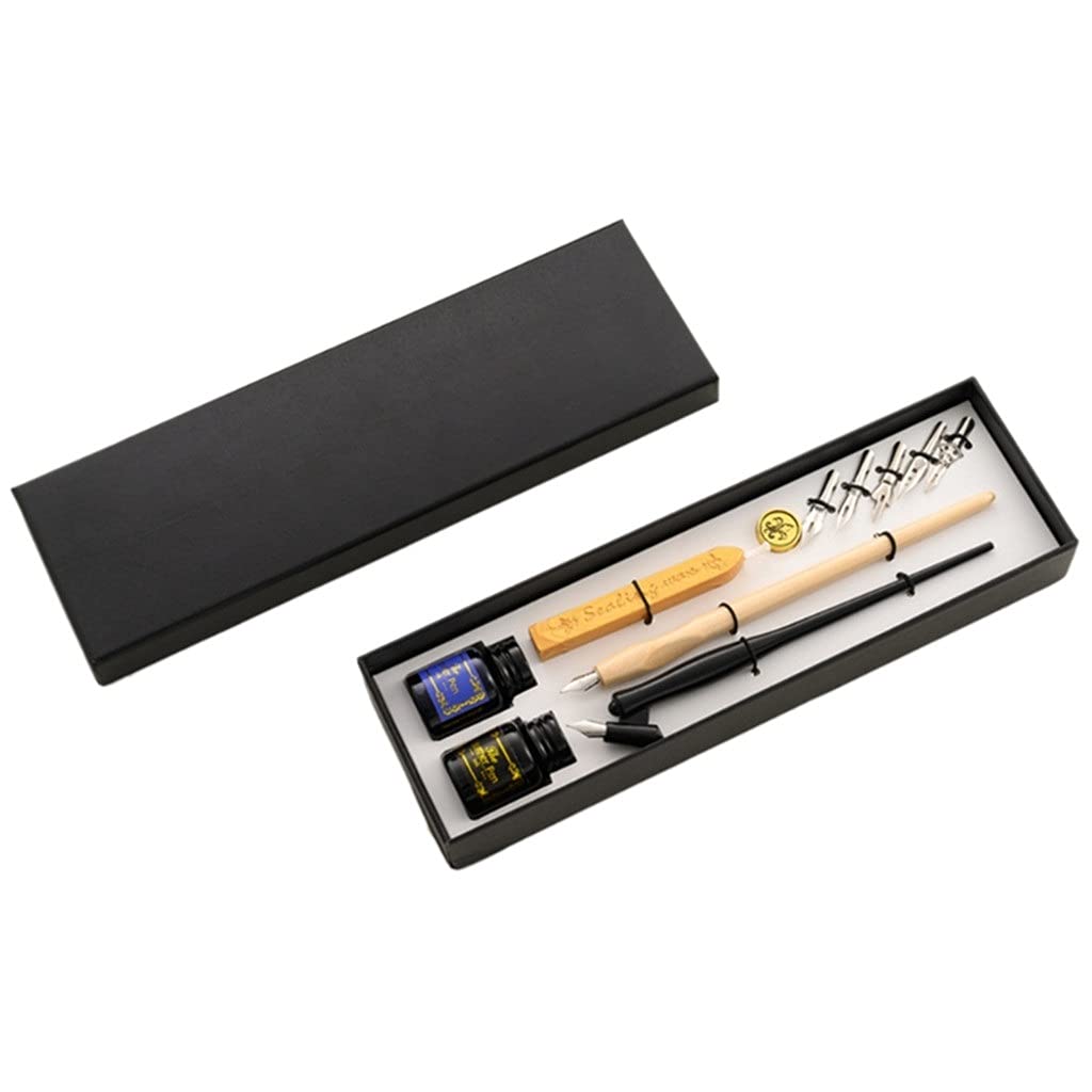 HOIIPAAAA Vintage Dip Pen Fountain Writing Ink 5 Nibs Wax Seal Stamp Gift Box Calligraphy Stationery School Supplies (Color : A) (B)