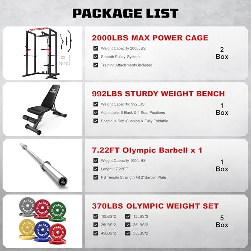 Image of JELENS S11 Power Cage, 2000LB Multi-Function Power Rack with LAT Pulldown, Squat Rack with Adjustable Pulley System and Training Attachments, Weight Rack for Home Gym
