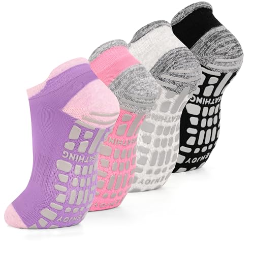 GRPSKCOS Calcetines de yoga para mujer, 4 pares de calcetines de pilates, calcetines antideslizantes para mujer, calcetines antideslizantes para yoga, barre, hospital, danza 35-43, 01 negro+gris+rosa+