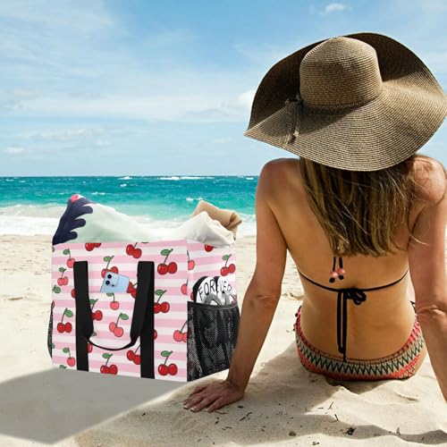 Pink White Striped Fruit Cherry Utility Tote Bag For Women Collapsable Waterproof Canvas Beach Bag Tote 6
