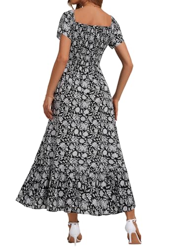 Image of Summer Smocked Boho Maxi Dress for Women 2026 Short Sleeve Floral Smocked Flowy Ruffled Beach Vacation Dresses Lightweight