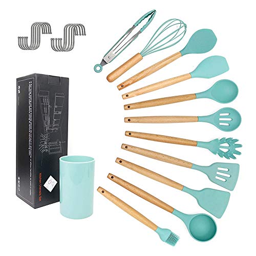 Set de utensilios de cocina Utensilios de cocina de silicona Juego de utensilios de cocina Mangos de madera for utensilios de cocina antiadherentes Incluye pinzas Cuchara batidora y más 11 piezas Uten