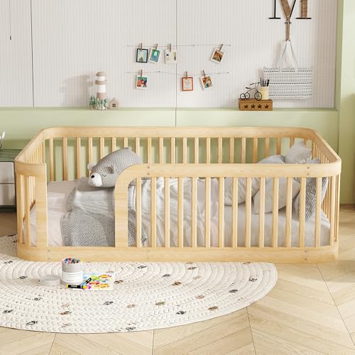Image of Bellemave Twin Size Floor Bed Frame with High Fence,Solid Wood Kids Montessori Floor Bed Twin for Girls Boys,Rounded Corner Design,Natural