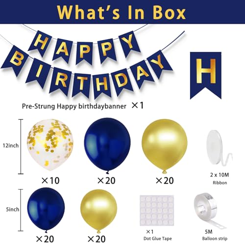 Image of Navy Blue Birthday Party Decorations for Men Decor 100pcs Gold and Navy Blue Balloons Garland Arch Kit Pre-Strung Happy Birthday Banner Girls 16th 18th 30th 40th 50th 60th 70th 80th 90th for Boys