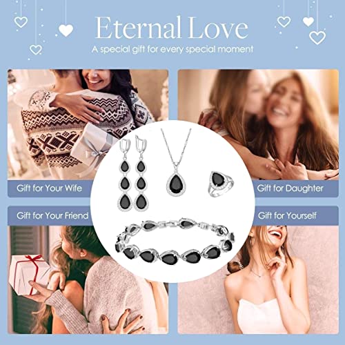 Lmxxvj Necklace Long Earrings Bracelet Set, White Gold Plated Created Blue Sapphire Jewelry Set Wedding Party Gift Jewelry For Women Bridal Bridesmaid (White Gold-Black Ring) #TOP4