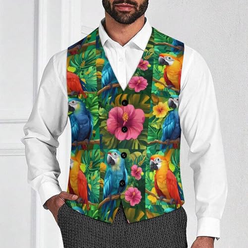 Parrot Hibiscus Men's Suit Vests Business Formal Dress Vest V-Neck Waistcoat for Wedding Casual2