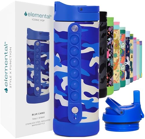 Elemental Iconic Kids - Botella de agua para la escuela, 100 % a prueba de fugas, con tapa con popote y asa desplegable para niños y niñas, aislamiento de triple pared y sin BPA, 14 onzas, camuflaje