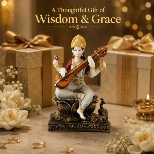 Image of ARMONIA Saraswati Devi Idol with Veena 7.8 Inch Home Decor |Polystone Figurine Marble Looks|Maa Saraswati Murti for Pooja,Mandir,Showpiece & Gifting Item|Best Religious Gift for Wedding & Housewarming