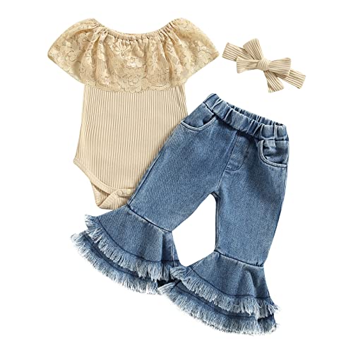 Image of fhutpw Newborn Baby Girl Clothes Infant Rib Frill Long Sleeve Romper Flared Pants Headband Set 3pcs Fall Winter Outfits