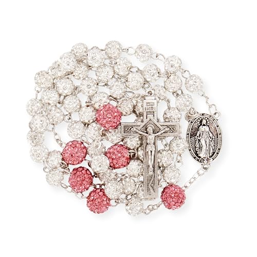 Nazareth Store Rhinestones Crystal Beads Rosary, Catholic Rosary Necklace with Silver Miraculous Medal INRI Crucifix, Multicolor Rosaries in a Gift Case