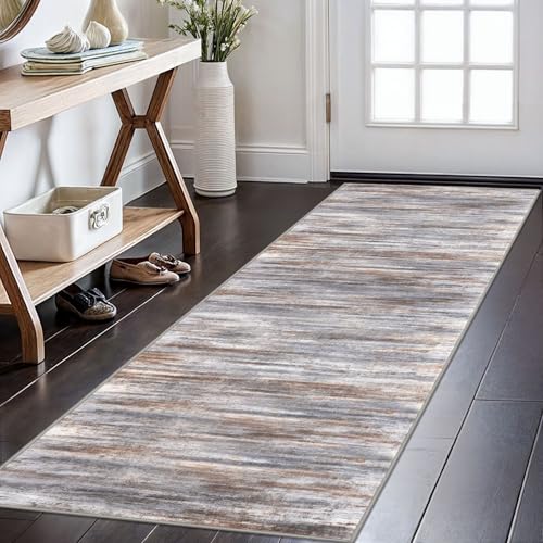 KOZYFLY Modern Abstract Kitchen Runner Rug, 2x6 Washable Rug Runner Non-Slip Soft Striped Hallway Runner Rugs, Grey Brown Print Distressed Carpet Runner for Entryway Bathroom Laundry Room Foyer