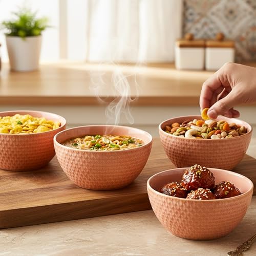 Image of The Earth Store Peach Embossed Ceramic Bowl Set of 4 - 500ML Each | Ceramic Mixing Bowls for Snacks, More | Rice, Dal, Fruits, Salad | Microwave Safe Bowl Set | Perfect for Gifting & Daily Use