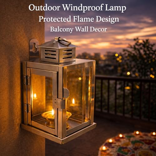 Image of Nakshathra Stainless Steel Wall Mounted Oil Lamp with Glass Cover, Deepam Lid, Windproof Hanging Diya Lantern for Home & Temple Pooja, Ideal for Decorating Indoor Outdoors (Medium)