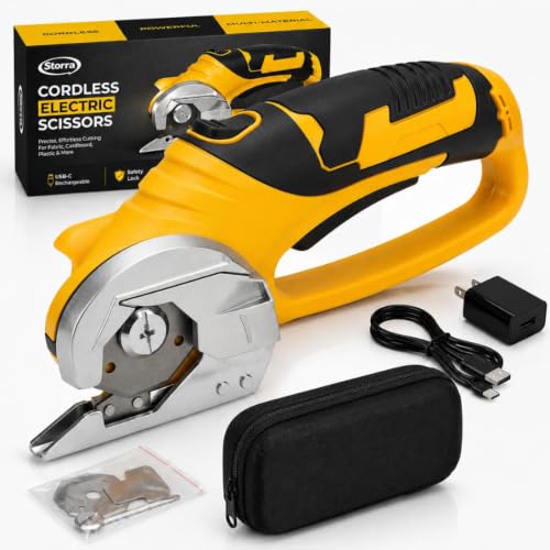 Image of Cordless Electric Scissors, Rechargeable Cardboard Cutter, Rotary Fabric Cutter for Fabric, Carpet, Leather, Plastic & Packaging Materials, Safety Lock, LED Light, USB-C Charging, 75 Min Runtime