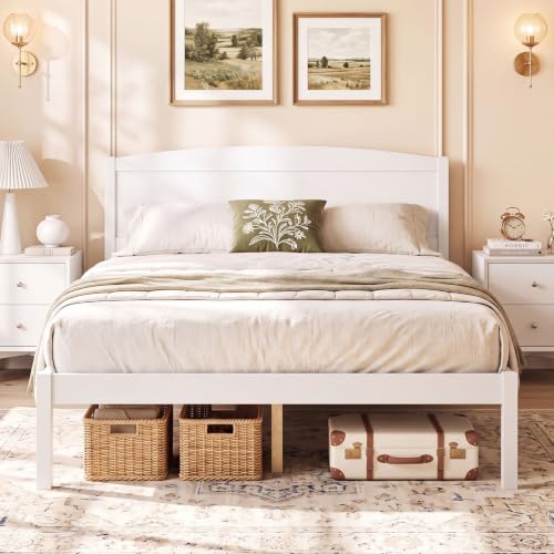 Image of GIANTEX Full Size Wooden Bed Frame with Curved Headboard, Wood Slat Support