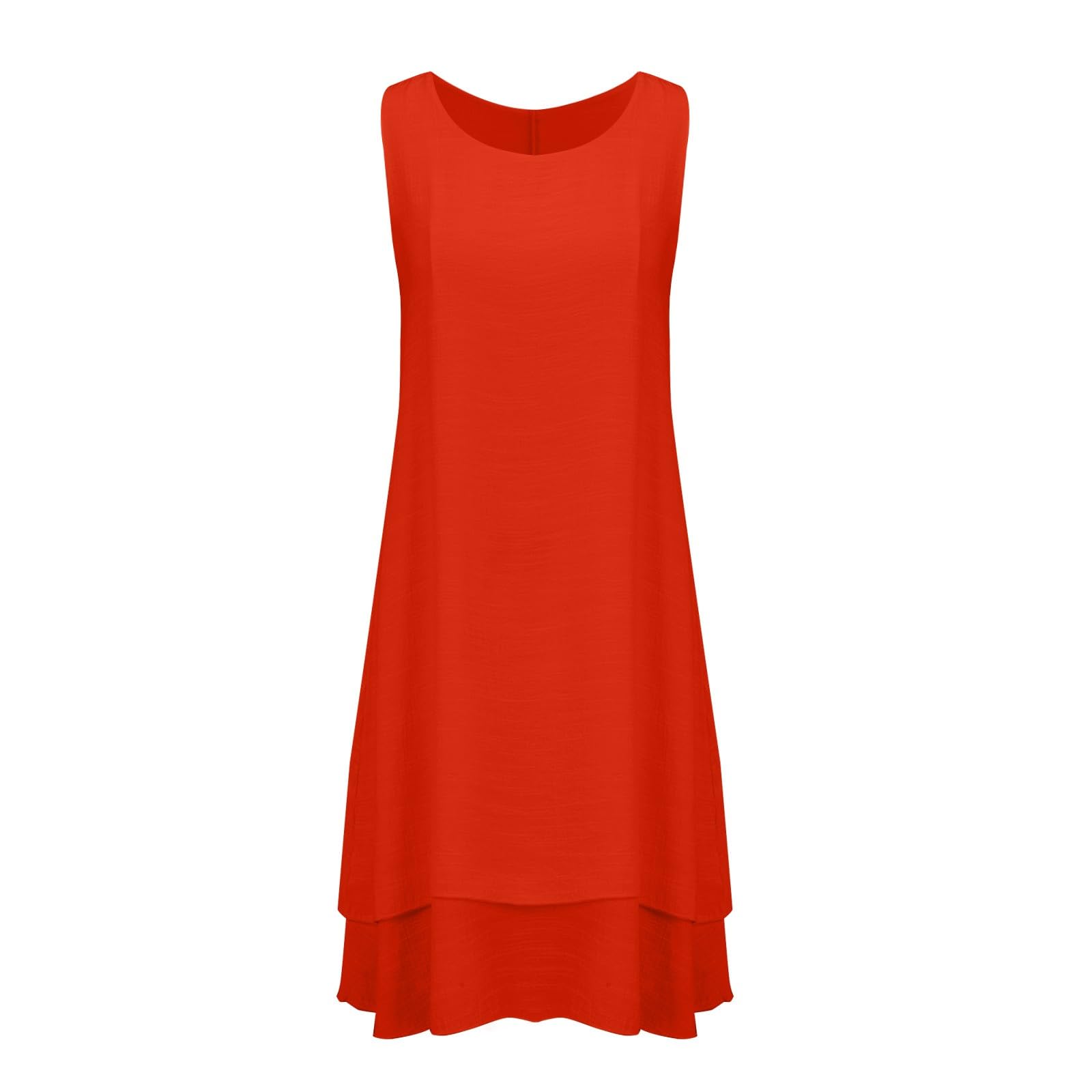 Generico Robe d'été pour femme - Robe d'été courte et sans manches - Robe à volants superposés - Col en U - Couleur unie - En coton et lin - Modèle léger - Robe décontractée de plage
