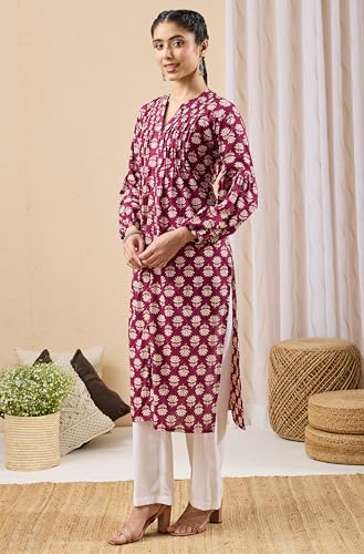 Image of Janasya Women's Pure Cotton Floral Printed A-line Kurta