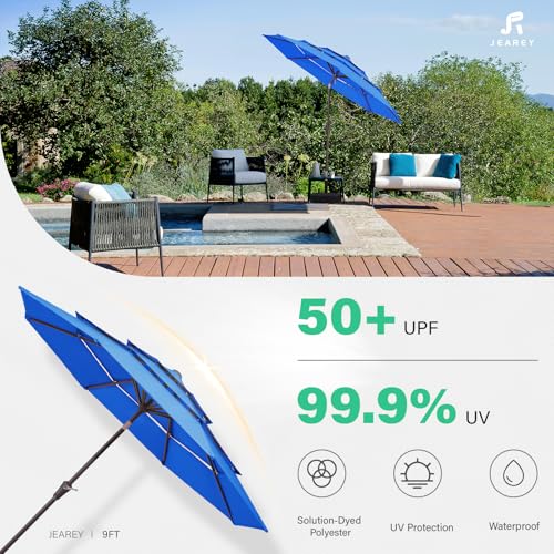 Image of JEAREY 9FT 3 Tier Patio Umbrella Outdoor Market Umbrella Table Umbrellas with 8 Ribs 1.5 Pole Push Button Tilt and Crank UV Protection for Garden,Royal Blue