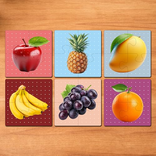 Image of Wooden Jigsaw Puzzle Set of 6 for Kids | Pack of 6 Puzzles with 4 Pieces Each | Learning Toy for 2 3 4 5 Year Old Boys & Girls (Fruits Theme)