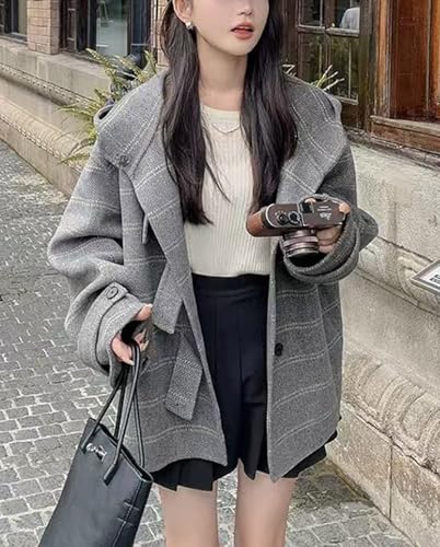 utcoco Women Oversized Plaid Wool Coats Winter Warm Thicken Hooded Pea Coat Trench Overcoats with Pockets2