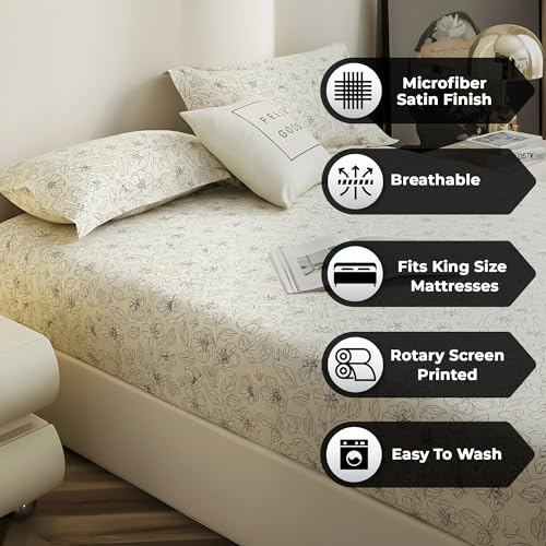 Image of Story@Home Cloud Cotton Fitted BEDSHEET (72 X 78 Inch) 360 Elastic King Size with 2 Pillow Covers | Super Soft Bed Sheet for King Size Bed Floral Design (White, Grey)