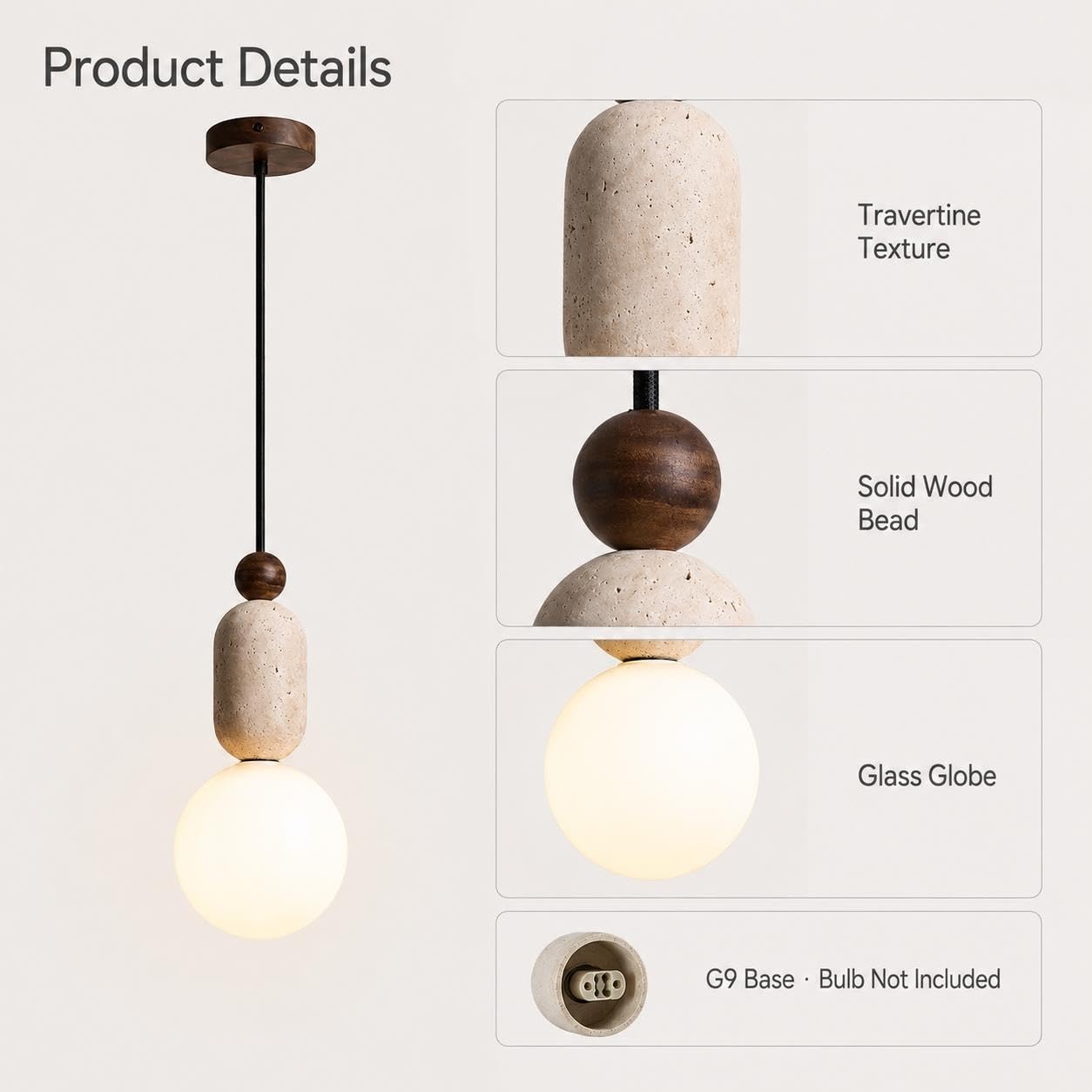 Lampada a sospensione in travertino naturale con paralume a sfera in vetro