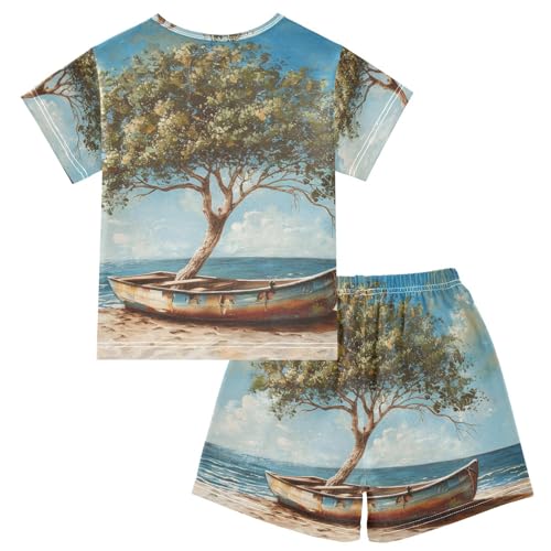 ALAZA Topical Tree Boat Beach Pajama Set Short Sleeve Sleepwear Soft Lounge Nightwear2