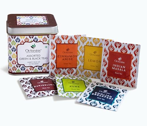 Octavius Tea Variety Sampler – 25 Foil-Wrapped Teabags | 6 Assorted Black & Green Teas | Natural & Wellness-Inspired | Premium Tea Gift Box for Gifting or Daily Use