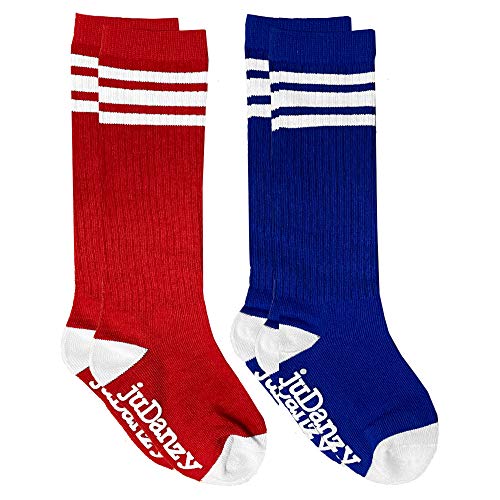 juDanzy knee high tube socks for boys, girls, baby, toddler & child (2-4 Years, Blue & Red with White Stripes)