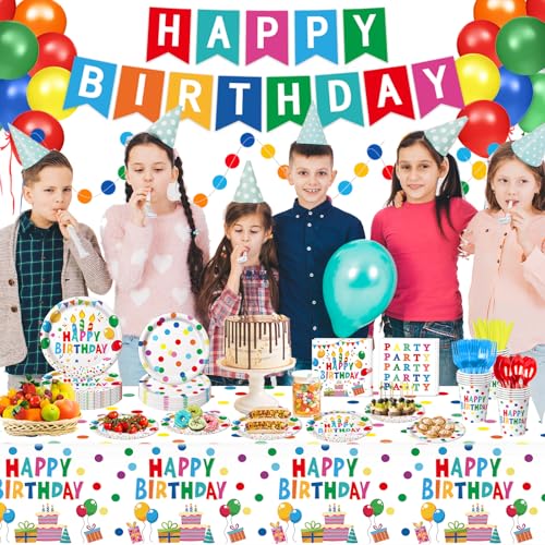 Happy Birthday Decorations - Colorful Dots Birthday Party Supplies Includes Plates, Napkins, Cups, Cutlery, Banner, Hanging Swirl, Tablecloth, Balloons for Kids Boys Girls, Serves 24 - Image 3