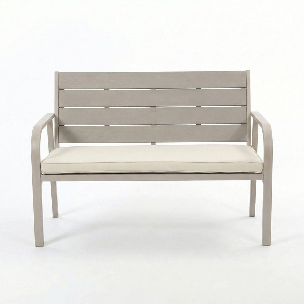 SIEDITI FUORI E DENTRO Set da giardino in acciaio verniciato e polietilene a doghe effetto legno, robusto e moderno, salotto da esterno con 2 poltrone, 1 divano e un tavolino - Matera (Champagne)