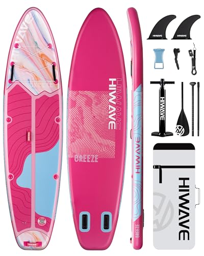 Hiwave Inflatables Stand Up Paddle Board 335 * 86 * 15CM SUP-Brett Tragkraft 190KG Paddleboard f ür Erwachsene und Jugendliche tierfreundlich für Ozean und See mit Doppeltakt-Handpumpe (Pink)