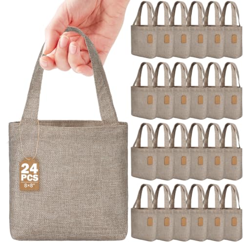 Aliceset 24 Pcs Mini Burlap Tote Bags,8 x 8 x 3.2 Inch,Earthy Brown