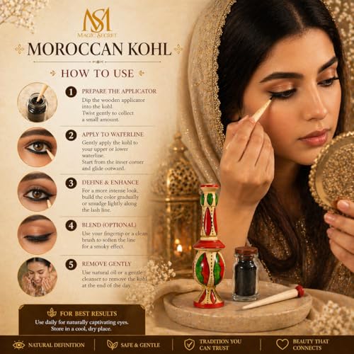 Image of MS MAGIC SECRET Moroccan Kohl Kajal - 100% Natural Herbal Eye Kohl, Smudge-Proof Long Lasting, Traditional Arabic Surma for Dark Intense Eyes (Chemical-Free, Handcrafted) 5g