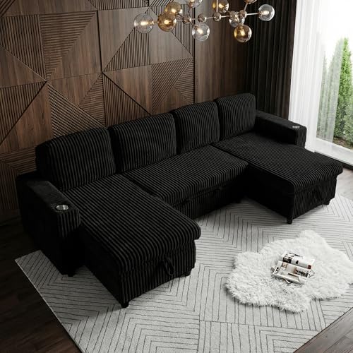 Image of Oversized Sectional Couch, U Shaped Corduroy Couch for Living Room, Sectional Sleeper Sofa with Pull Out Bed, Convertible Sofa Bed for Living Room, Bedroom and Apartment, Black
