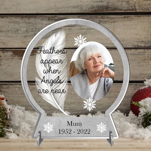 Personalised "Feathers Appear When Angels Are Near" Memorial Plaque – Custom Clear Acrylic 2d Snowglobe Shape Keepsake with Photo, Dates, Heartfelt Angel Feather Design | Elegant Remembrance Display