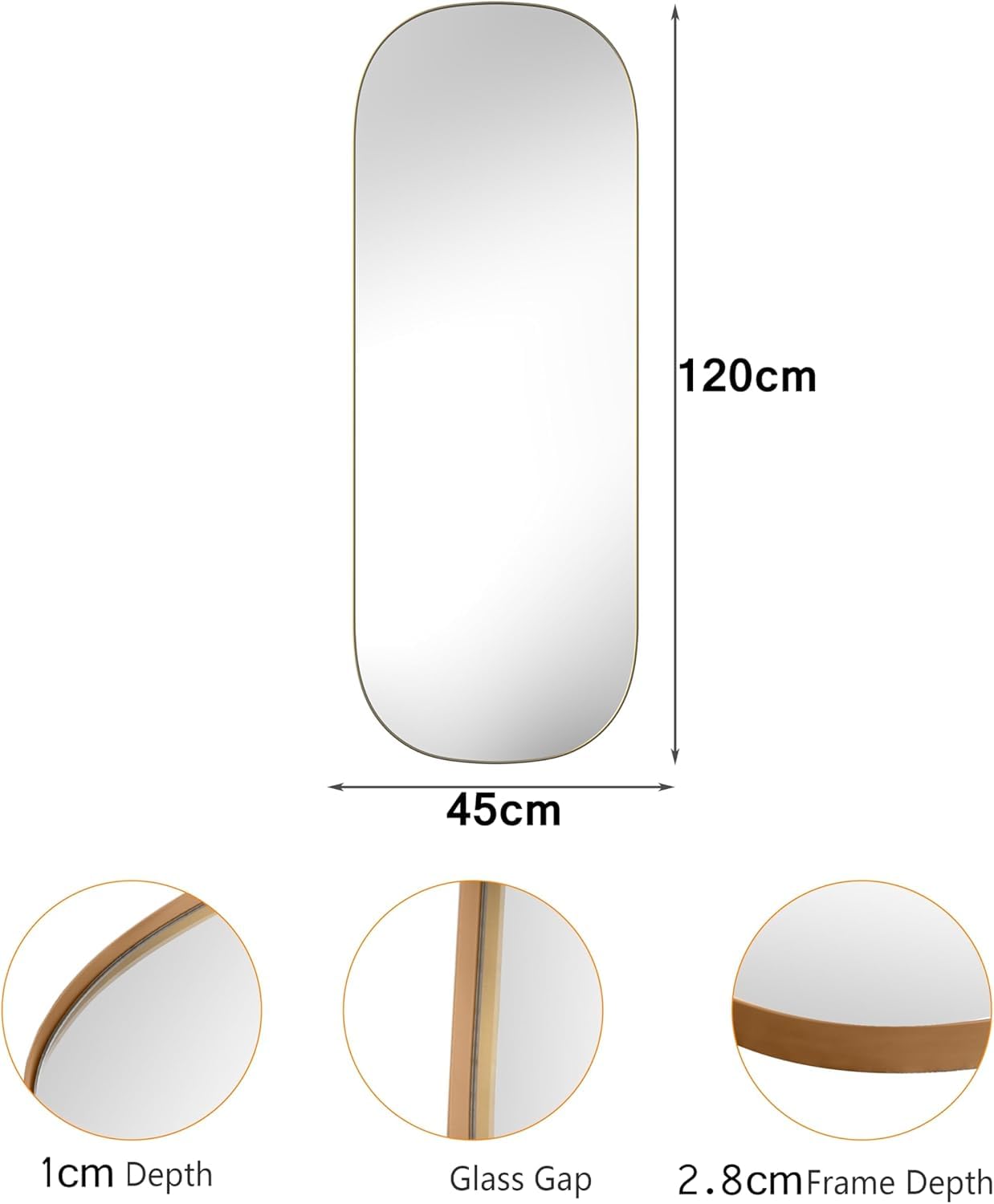 SHYFOY Espejo ovalado largo con marco único de metal, 120 x 45 cm, espejo grande de pared dorado, espejo de pared para colgar en la pared, sala de estar, espejo decorativo para maquillaje para