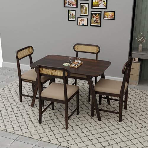 Image of Solid Sheesham Wood 4 Seater Dining Table Set for Home and Kitchen, Rattan Dining Table 4 Seater with Chairs Cane Furniture, Dining Set