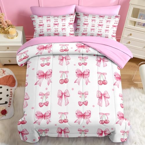 Image of Nesker Bow Comforter Set Queen Size, 7 Pieces Bed in a Bag, Pink Cherry Bow Bedding Set for Girls, Ribbon Bowknot Comforter Set with 2 Pillowcase & 2 Sham
