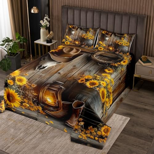 jejeloiu Kids Western Decor Bedspread King Size Wild Western Cowboy Coverlet Set for Boys Teens Decor Longhorn Skull Cowboy Shoes Rustic Quilted Coverlet Sunflower Quilted
