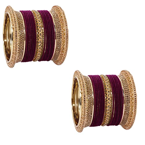 Image of NMII Non-Precious Metal with Base Metal and Studded with Zircon Gemstone Glossy Finished Traditional Velvet Bangle Chuda set for Women and Girls