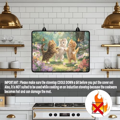 Image of Poceacles Kitchen Decor Glass Stove Cover Stovetop Protector Foldable Electric Stove Top Protector Washer Dryer Top Cover for Home Decor, Cat Floral Green