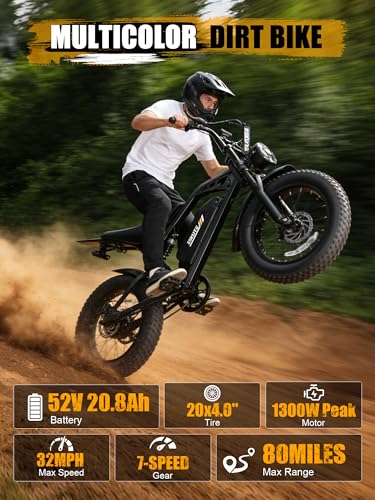 Image of Electric Dirt Bike Adults, 1300W Peak 42V20.8Ah ebike, 20+MPH 20 inch x4.0 Fat Tire, Streamlined E-Motorcycle with 7 Speeds for Youths, V200，Black Standard
