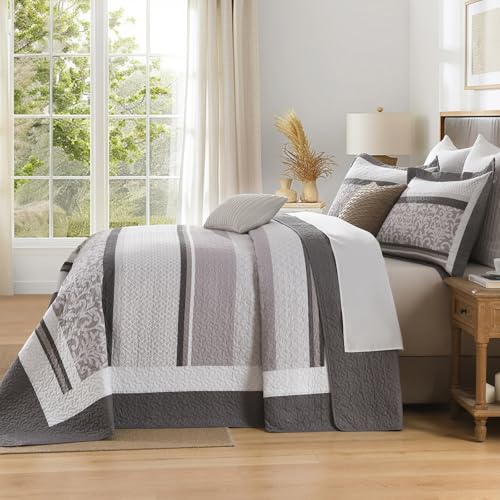 Bedduvit 100% Cotton 120"x128" Oversized California King Bedspreads - Farmhouse Botanical Cal King Bedspread Set, 3pcs Lightweight Rustic Striped Patchwork Extra Large Cotton Quilts, Brown/Gray/White - image 3